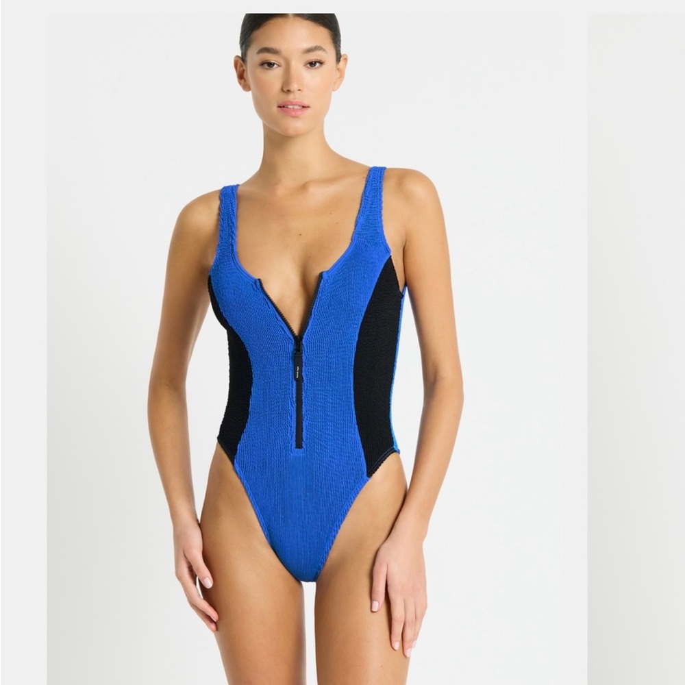 bond-eye Blue and Black Zip-Front One-Piece Swimsuit